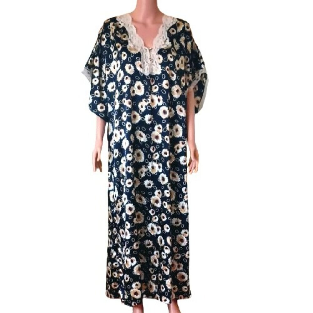 Barbizon Floral Kaftan House Dress L Vintage Blue Daisy Maxi Muumuu Night Gown